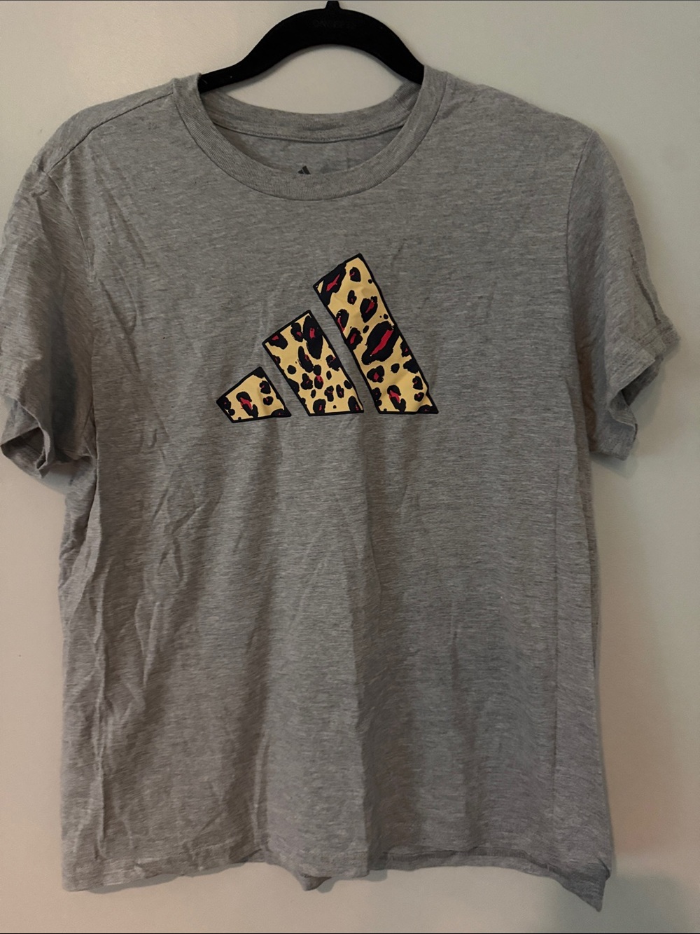 adidas Gray Tee with Leopard-Print Logo  Accents